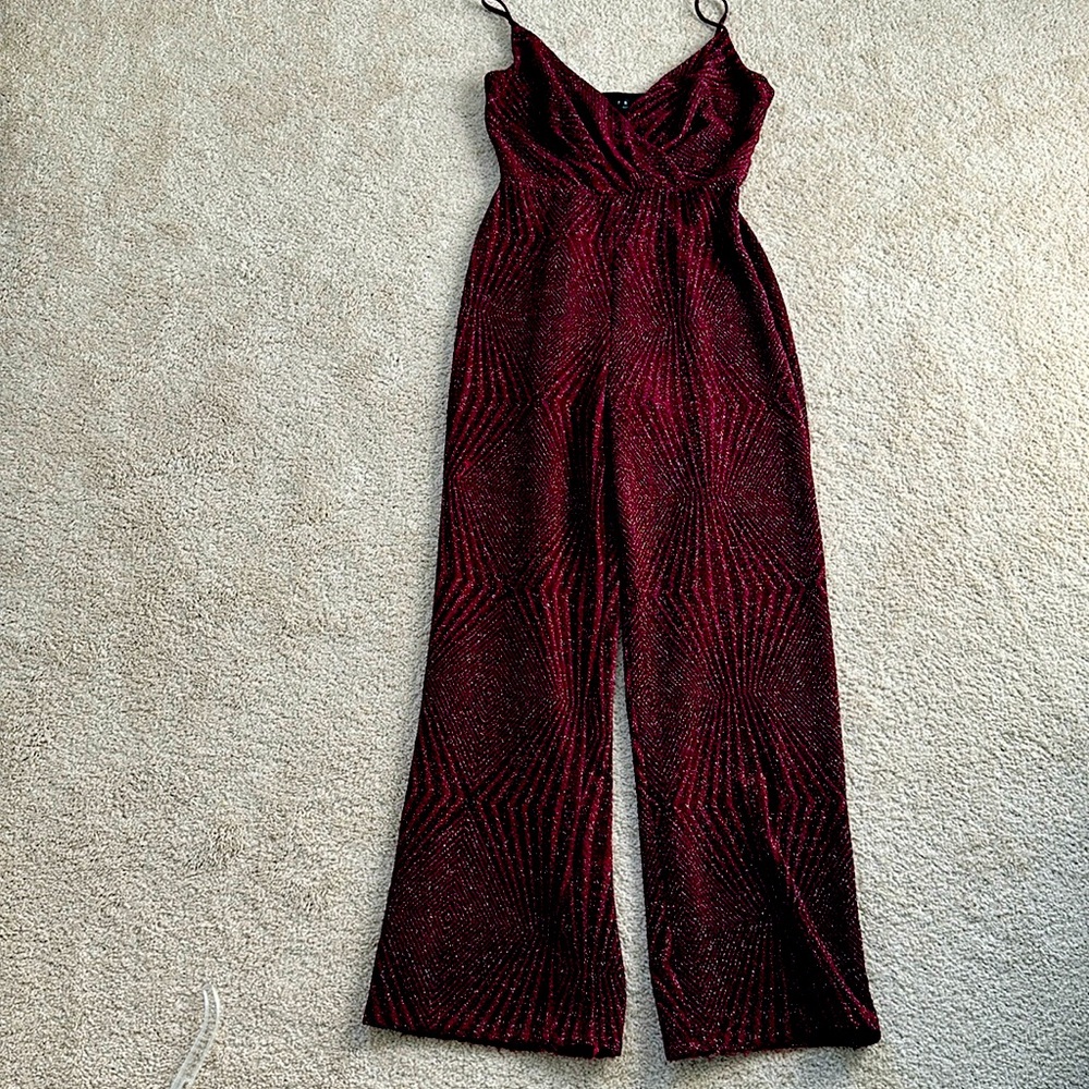 Burgundy shimmer wide leg jumpsuit.